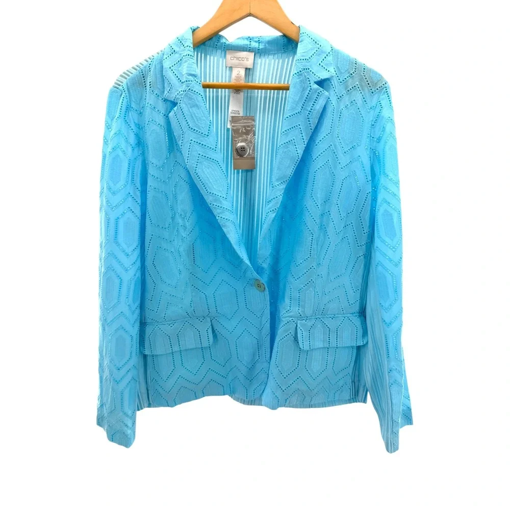 Chico's Celebration Eyelet Blazer Aria Aqua Blue Geometric Knit Jacket 2 L New
